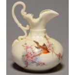 A LOCKE & CO WORCESTER EWER, 1902-14, PRINTED AND PAINTED WITH A ROBIN ON BLOSSOM, ON GLAZED