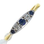 A SAPPHIRE AND DIAMOND RING, IN GOLD, ENGRAVED WITH INITIALS AND DATE 1927, MARKED PLAT & 18CT,
