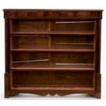 A VICTORIAN MAHOGANY OPEN BOOKCASE WITH SPIRAL TURNED UPRIGHTS, 126CM H; 136 X 27CM Scuffs and