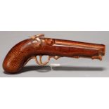 A BRITISH TREACLE BROWN GLAZED EARTHENWARE PISTOL NOVELTY GIN FLASK, C1840, 28CM L Hammer damaged