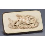 A GERMAN IVORY MOUNTED GILT BRASS AND LEATHER AIDE MEMOIRE, THE FRONT APPLIED WITH A CARVED IVORY
