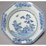A CHINESE OCTAGONAL BLUE AND WHITE BASIN, 18TH C, PAINTED WITH PINE, TREE PEONY AND FENCE SURROUNDED