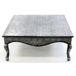 A PERSIAN STYLE BLACK PAINTED HARDWOOD COFFEE TABLE WITH METAL OVERLAY DECORATION, 46CM H; 107 X