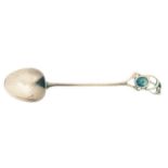 LIBERTY & CO. A  CYMRIC SILVER AND TRANSLUCENT ENAMEL SPOON, THE DESIGN ATTRIBUTED TO ARCHIBALD