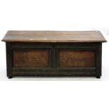 AN 18TH C PANELLED OAK CHEST WITH BOARDED LID, 48CM H; 120 X 52CM Lacks lock, later feet, in need of