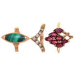 THREE GOLD RINGS, VARIOUSLY GEM SET, 8.8G, SIZES K, J AND O One lacking two stones; all with light