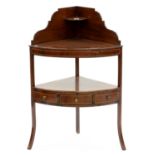 A VICTORIAN MAHOGANY BOW FRONTED CORNER WASHSTAND, 100CM H; 66 X 45CM One leg broken and repaired,