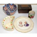 A ROSEWOOD TEA CADDY, WEMYSS POT, GEORGE WASHINGTON PLATE, IMARI BOWL, ETC