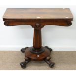 AN EARLY VICTORIAN ROSEWOOD TEA TABLE, C1840, ON TAPERED OCTAGONAL PILLAR, LOTUS CALYX AND ROUND