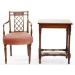 A REGENCY INLAID MAHOGANY AND PAINTED ELBOW CHAIRS WITH CURVED ARMS AND A LATER MAHOGANY SIDE TABLE,