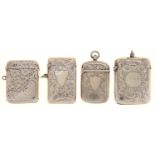 FOUR SILVER VESTA CASES, VICTORIAN-GEORGE V, 45-50MM H, VARIOUS MAKERS, 3 OZ 11 DWTS