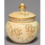 A GRAINGER WORCESTER MOULDED OVOID POT POURRI VASE, COVER AND INNER COVER, 1894, WITH RETICULATED