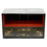 A CHINOISERIE JAPANNED CHEST, LATE 19TH C, 50CM H; 97 X 45CM Numerous chips and scuffs, decoration