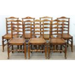 SEVEN VICTORIAN ASH LADDER BACK CHAIRS, NORTH WEST ENGLAND, MID 19TH C, WITH VASE TURNED STRETCHERS,