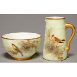 A GRAINGER WORCESTER CREAM JUG AND SUGAR BOWL, 1893, PAINTED WITH A BIRD ON A RAISED GILT BRANCH AND