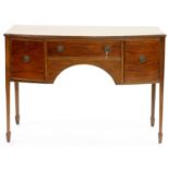 A VICTORIAN MAHOGANY BOW FRONTED SIDEBOARD ON SQUARE TAPERING LEGS, 91CM H; 25 X 53CM Scuffs and