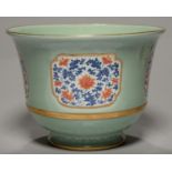 A CHINESE CELADON AND UNDER GLAZED BLUE JARDINIERE, REPUBLIC PERIOD, FINELY PAINTED