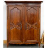 A LOUIS XVI CHERRYWOOD ARMOIRE WITH STEEL ESCUTCHEONS, LOCK AND KEY, 198CM H; 160 X 58CM