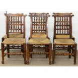 SIX VICTORIAN FRUITWOOD AND ASH SPINDLE BACK RUSH SEATED CHAIRS, NORTH WEST ENGLAND, MID 19TH C,