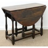AN OAK GATELEG TABLE, SECOND HALF 18TH C, THE OVAL TOP FITTED WITH A DRAWER, ON TURNED LEGS UNITED