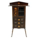 AN EDWARDIAN ART NOUVEAU MAHOGANY AND INLAID CABINET ON SPLAYED LEGS, C1905, ART METAL HANDLES