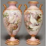 A RARE PAIR OF LOCKE & CO. WORCESTER PINK GROUND ORNITHOLOGICAL VASES, C1902-14, PAINTED ON THE