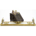 A VICTORIAN CARVED AND PANELLED OAK COAL BOX AND CONTEMPORARY BRASS FENDER, 140CM W; 15CM X 45CM