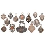 THIRTEEN SILVER AND SILVER AND GOLD WATCH FOB SHIELDS, LATE VICTORIAN-EARLY 20TH C, VARIOUS SIZES