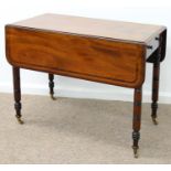 A VICTORIAN MAHOGANY PEMBROKE TABLE, C1850, CROSSBANDED IN ROSEWOOD, ON RING TURNED LEGS WITH