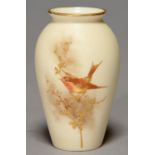 A GRAINGER WORCESTER VASE, 1889-90, PAINTED WITH A ROBIN ON A RAISED GILT BRANCH ON IVORY GROUND,