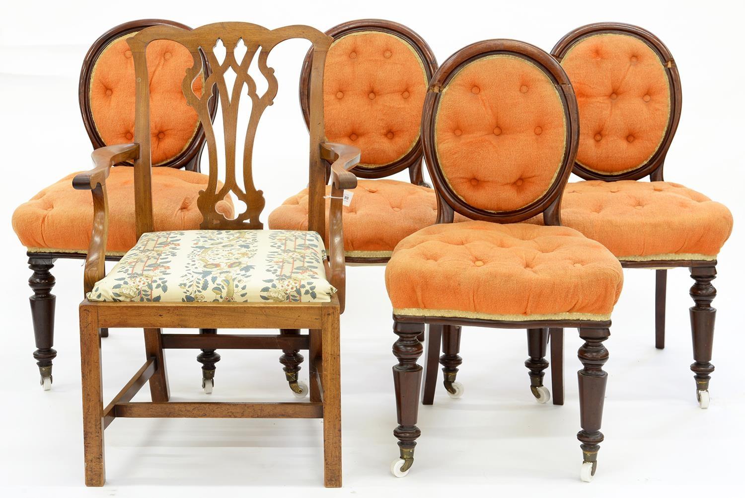 A SET OF FOUR VICTORIAN MAHOGANY DINING CHAIRS ON TURNED FORE LEGS, LATER UPHOLSTERED IN BUTTON BACK