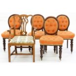 A SET OF FOUR VICTORIAN MAHOGANY DINING CHAIRS ON TURNED FORE LEGS, LATER UPHOLSTERED IN BUTTON BACK
