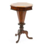 A VICTORIAN WALNUT OCTAGONAL WORK TABLE ON CARVED TRIPOD BASE, 71CM H X 44CM DIA Light surface