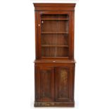 A VICTORIAN MAHOGANY GLAZED BOOKCASE WITH ADJUSTABLE SHELVES, THE LOWER PART ENCLOSED BY PANELLED