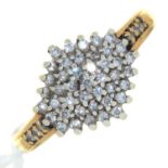 A DIAMOND CLUSTER RING, 9CT GOLD HOOP, 3.6G, SIZE O Dirty but in otherwise good condition