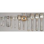 MISCELLANEOUS ENGLISH AND SCOTTISH   SILVER DESSERT AND OTHER SPOONS, FORKS, BUTTER KNIVES AND A TEA