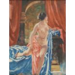 A COLOUR PRINT OF A FEMALE NUDE AFTER SIR WILLIAM RUSSELL FLINT, SIGNED BY THE ARTIST IN PENCIL ON A