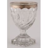 A GEORGE III SILVER MOUNTED CUT GLASS SUGAR VASE WITH BEADED RIM, 15.5CM H, MAKER B M, PERHAPS