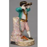 A MEISSEN FIGURE OF A YOUTH SHOOTING A CROSSBOW, LATE 19TH C, IN TRICORN AND TURQUOISE COAT, GILT