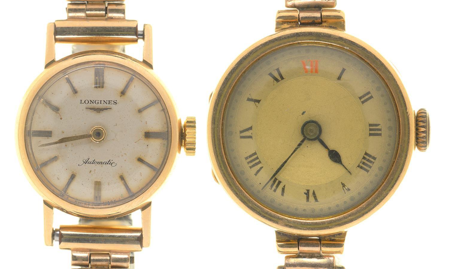 AN 18CT GOLD LADY'S WRISTWATCH ON PLATED BRACELET AND A SMALLER LONGINES 9CT GOLD LADY'S