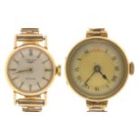 AN 18CT GOLD LADY'S WRISTWATCH ON PLATED BRACELET AND A SMALLER LONGINES 9CT GOLD LADY'S