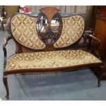 AN EDWARDIAN CARVED AND INLAID MAHOGANY SERPENTINE SETTEE, C1905, WITH SHEPHERD'S CROOK ARMS AND
