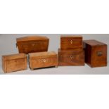 FIVE REGENCY AND EARLY VICTORIAN MAHOGANY TEA CADDIES, 17.5 - 28CM L AND A MAHOGANY BOX WITH SLIDING