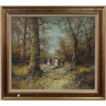 CONTINENTAL SCHOOL, LATE 20TH CENTURY - ELEGANT COMPANY IN A FOREST, SIGNED, FURSTENBURG, OIL ON