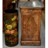 A FRENCH WALNUT PILLAR SHAED POT CUPBOARD, 19TH C, WITH MARBLE SLAB, 71CM H; 32 X 40CM AND A