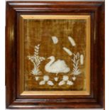 A VICTORIAN SHELL PICTURE OF A SWAN AND FOLIAGE, LATE 19TH CENTURY, ON BROWN VELVET, 34 X 29CM,