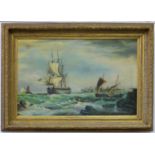 AN 18TH CENTURY PAINTED REPRODUCTION OF AN 18TH CENTURY MARINE PICTURE, BEARS SIGNATURE, ACRYLLIC,