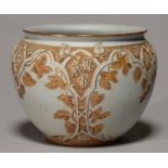 A CALVERT & LOVATT LANGLEY ART POTTERY JARDINIERE, C1883-90, COVERED IN LIGHT BLUE SLIP AND CARVED