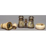 AN ENGLISH IVORY AND GILT BRASS SPY GLASS, EARLY 19TH C, 45MM DIAM, TWO OTHER CONTEMPORARY TURNED