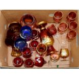 A COLLECTION OF VENETIAN RED AND BLUE DECORATIVE GLASSWARE, WITH FLORAL AND GILT DECORATION, 20TH